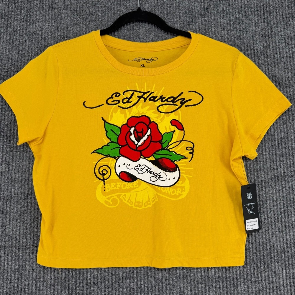 Ed Hardy womens XL baby tee rose snake graphic crop top yellow tattoo flash NWT